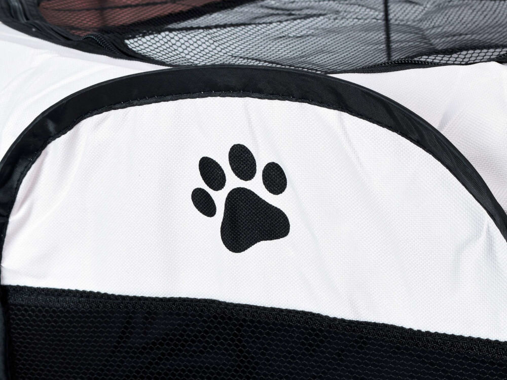 Lekki kojec ZWIERZOPASJA Skiper XXL waga 1,30 kg łatwy transport Zbliżenie na detal graficzny: duży, czarny nadruk łapy na białym panelu kojca.