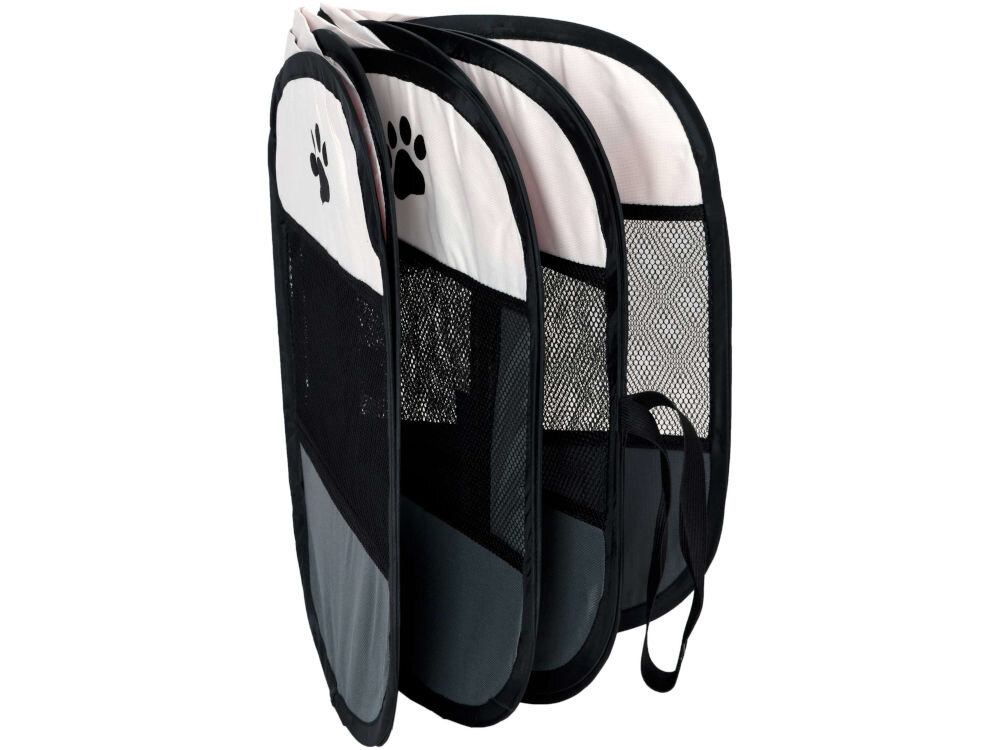 Kojec ZWIERZOPASJA Skiper XXL kompaktowy po złożeniu z torbą transportową Zdjęcie produktu przedstawiające okrągły kojec złożony na płasko. Widoczne białe i szare panele z czarnymi siatkowymi oknami i nadrukami łap, gotowy do transportu.