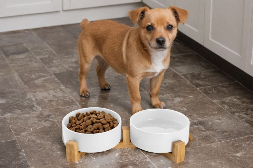 Miska dla psa i kota ZWIERZOPASJA Jax Na zdjęciu znajduje się mały pies stojący na podłodze w kuchni obok dwóch białych misek na drewnianym stojaku, z których jedna jest wypełniona karmą, a druga wodą. W tle widoczne są białe szafki kuchenne