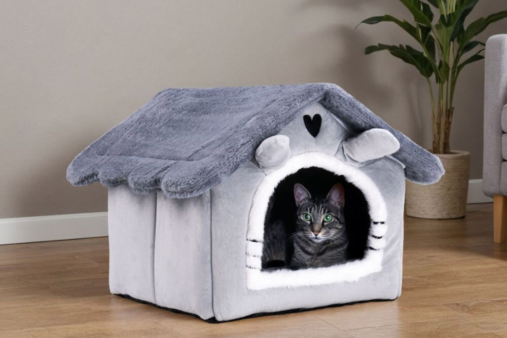 Legowisko dla kota ZWIERZOPASJA Jasper szary pluszowy domek z odsuwnym dachem Pluszowy, szary domek-legowisko dla kota w kształcie małego domku z dachem i wejściem. W środku leży kot pręgowany. Tło to wnętrze pokoju.