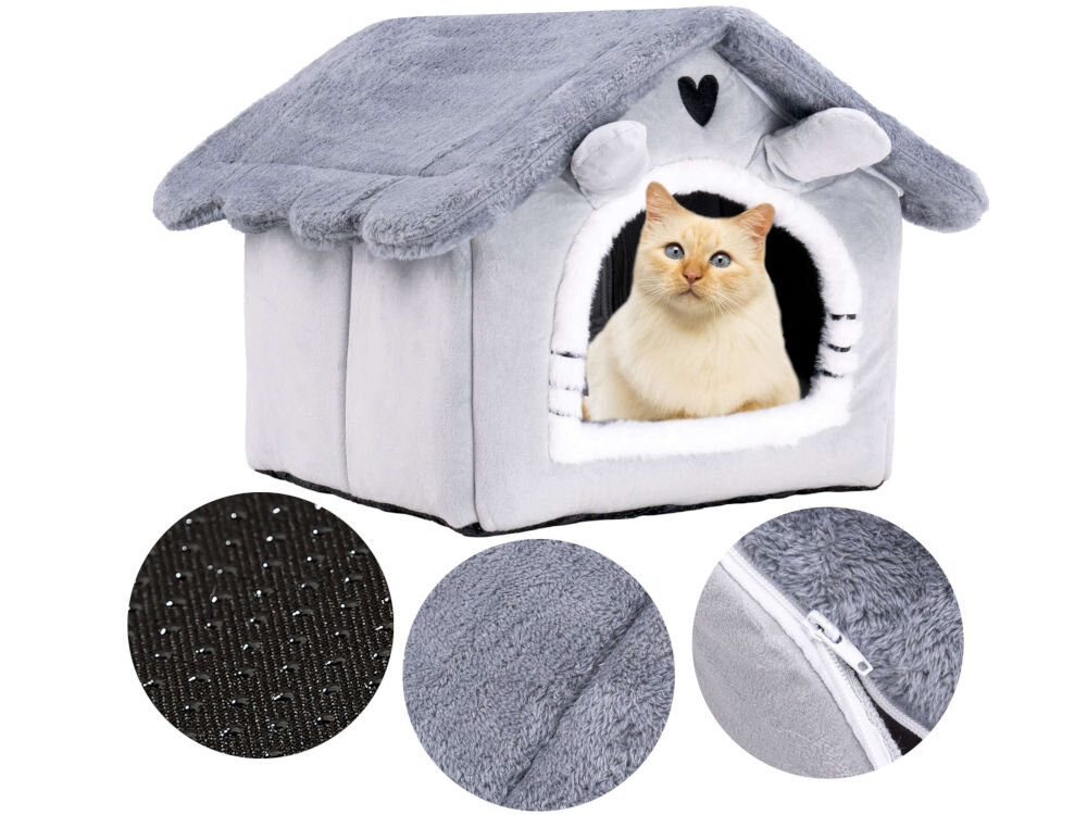 Legowisko dla kota ZWIERZOPASJA Jasper z antypoślizgową podstawą i wymiarami 33x33x41 cm Trzy ujęcia pluszowego, szarego domku-legowiska dla kota: Główne: Kot kremowy siedzący w wejściu do domku. Kółka: Detale materiału. Od lewej: Czarny, antypoślizgowy spód legowiska; szary pluszowy materiał; zbliżenie na zamek błyskawiczny.