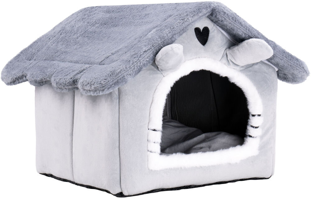 Legowisko dla kota ZWIERZOPASJA Amber Szary L 33 x 37 x 37 cm Pluszowy, szary domek-legowisko dla kota, widziany z boku, na białym tle. Ma falisty brzeg dachu i małe, wystające uszy na froncie, z czarnym sercem nad wejściem.