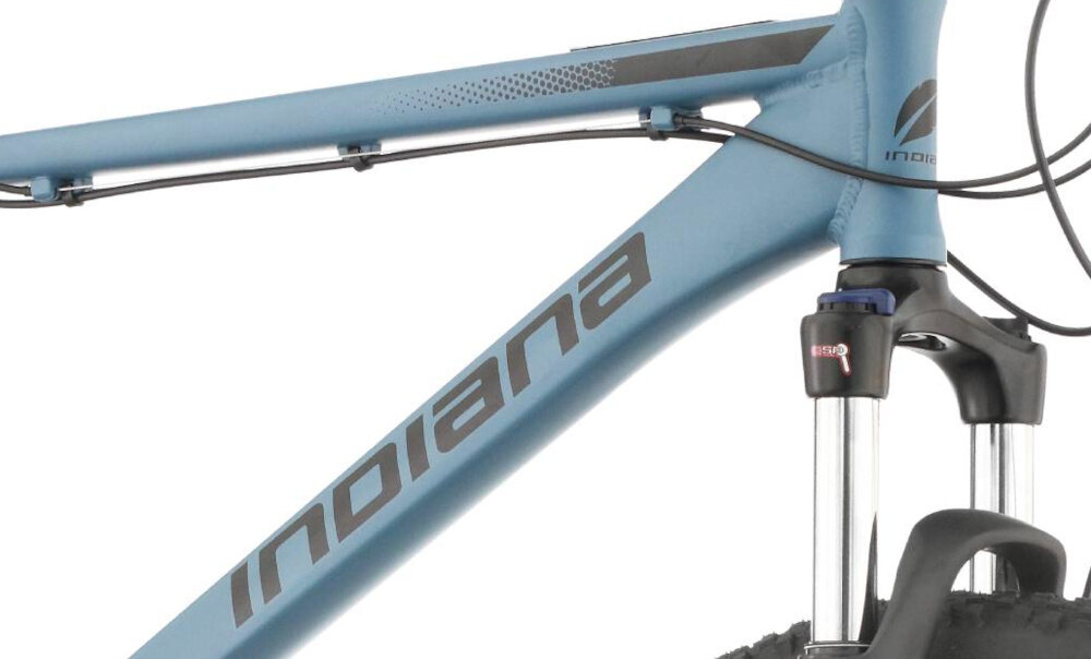 Rower górski MTB INDIANA X-Pulser 3.7 M17 27.5 cala męski Niebiesko-czarny zbliżenie na ramę 17-calowa aluminiowa ramę rower zwinny lekki łatwo go podnieść odporność na korozję wybór rozmiaru ramy Twój wzrost mierzony w zrelaksowanej pozycji typ roweru dla osób o wzroście od 165 do 174 cm