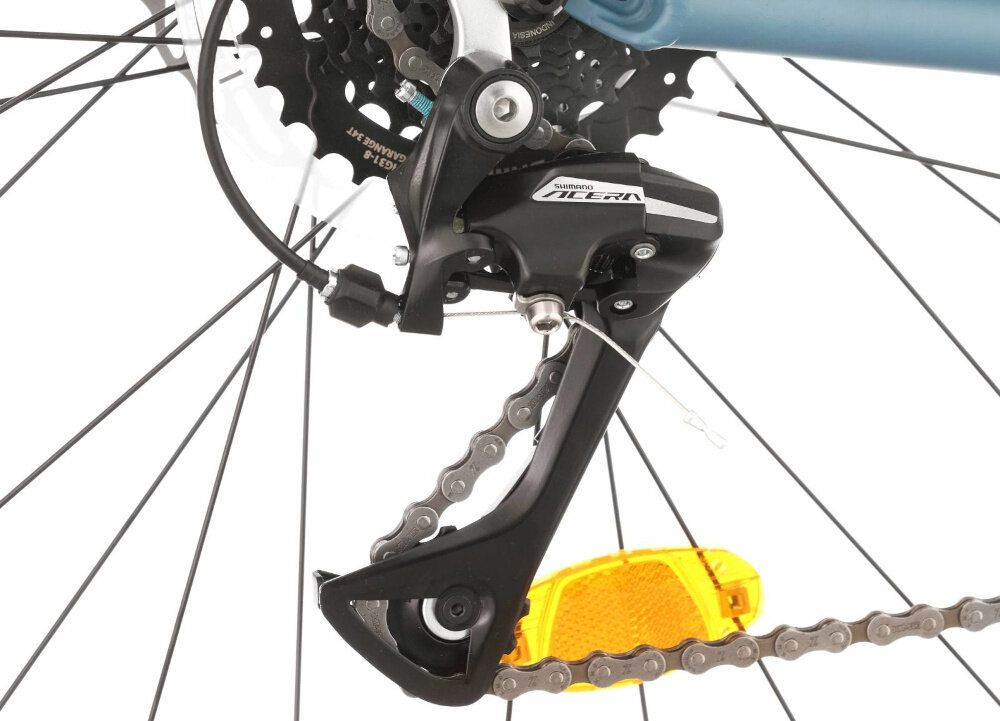 Rower górski MTB INDIANA X-Pulser 3.7 M17 27.5 cala męski Niebiesko-czarny zbliżenie na tylną przerzutkę przerzutki marki przerzutki marki SHIMANO 24 biegi przednia przerzutka SHIMANO Tourney tylna przerzutka SHIMANO Acera duża wytrzymałość sprawne działanie zmiana biegów jest płynna i bezproblemowa