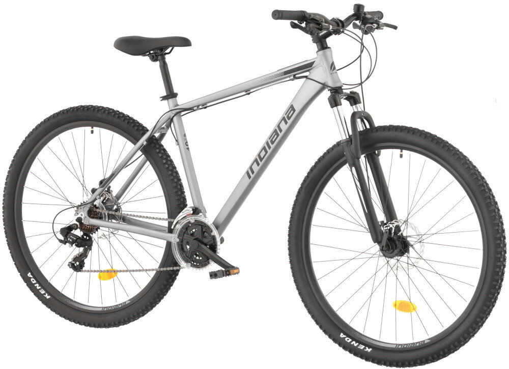 Rower górski MTB INDIANA X-Pulser 1.9 M21 29 cali męski Szaro-czarny rower na białym tle widoczny od przodu po skosie góral pojazd dla sportowców do jazdy wyczynowej uniwersalny dla amatorów zwrotny łatwo wchodzi w zakręty do jazdy w mieście za miastem w lesie na górskim szlaku w błocie nie za głębokim piachu