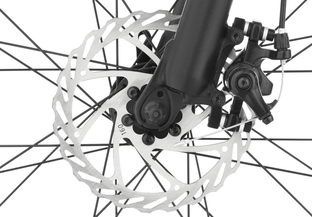 Rower górski MTB INDIANA X-Pulser 1.9 M21 29 cali męski Szaro-czarny zbliżenie na tylny hamulec podstawa bezpieczeństwa hamulce tarczowe mechaniczne hamulce sprawdzają się w każdych warunkach pogodowych i na każdej trasie bardzo duża siłę]a hamowania z przodu i z tyłu podwójny pakiet bezpieczeństwa