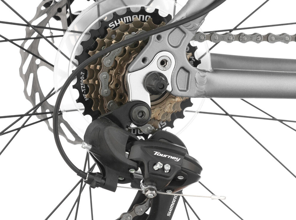 Rower górski MTB INDIANA X-Pulser 1.9 M21 29 cali męski Szaro-czarny zbliżenie na przerzutki z tyłu przerzutki na przód i tył renomowanej marki SHIMANO 21 biegów przerzutki SHIMANO Tourney do rekreacyjnej jazdy duża wytrzymałość sprawne działanie zmiana biegów płynna bezproblemowa