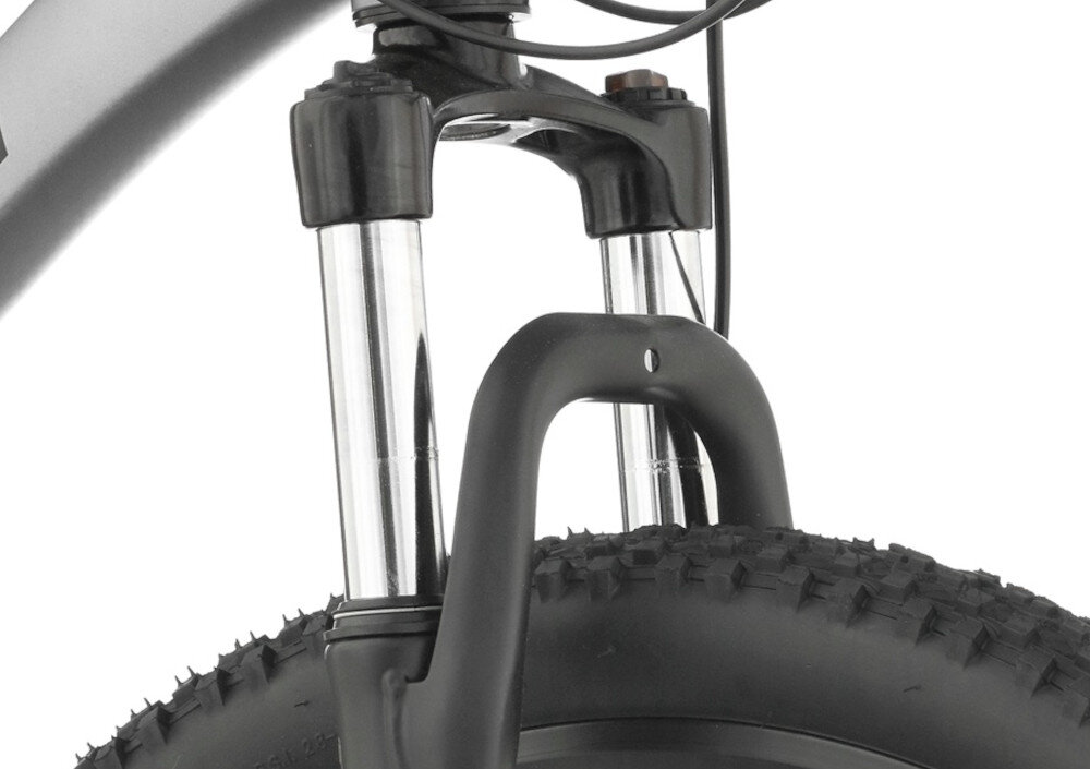 Rower górski MTB INDIANA X-Pulser 1.9 M21 29 cali męski Szaro-czarny zbliżenie na amortyzator rower typu hardtail przedni amortyzator marki ZOOM typ 29-28,6X200 D/B-B/g ED ułatwia najeżdżanie na przeszkody niweluje wstrząsy niska masa roweru duża sztywność regulacja za pomocą blokady na goleniu lub bezpośrednio z manetki na kierownicy