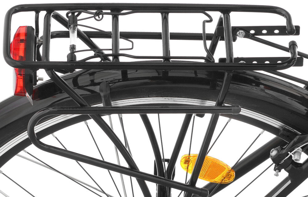 Rower trekkingowy INDIANA X-Road 1.0 D19 28 cali damski Czarno-zielony zbliżenie na bagażnik bagażnik bezpieczny i wygodny przewożenie rzeczy składana stopka w centralnym punkcie ciężkości odblaski dobrze widoczny na drodze bezpieczna jazda