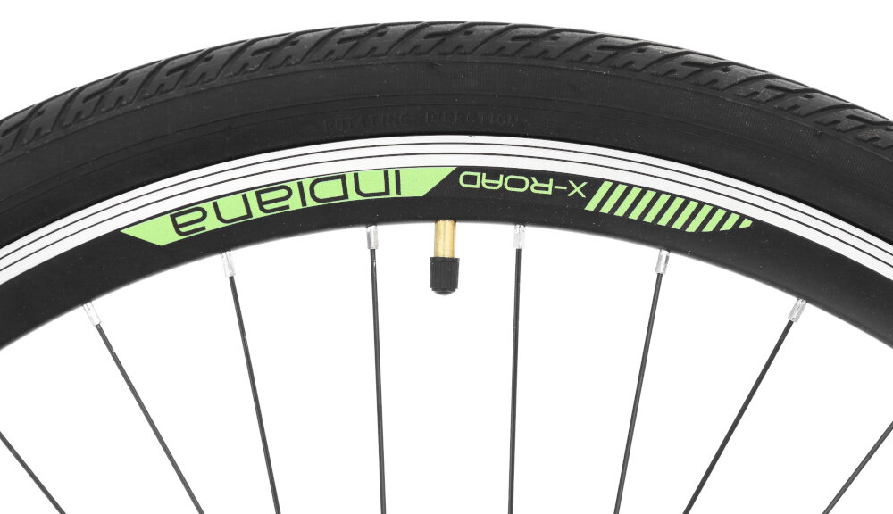 Rower trekkingowy INDIANA X-Road 1.0 D19 28 cali damski Czarno-zielony zbliżenie na oponę rozmiar koła 28 cali łatwe pokonywanie przeszkód duży kontakt koła z podłożem szerokie opony marki DELI dobra przyczepność stożkowe obręcze marki RUNTOBIKE zachowanie regularnego kształtu kół stabilne trzymanie opony bezpieczna i komfortowa jazda regularne sprawdzanie ciśnienia powietrza wartość na bocznej części opony