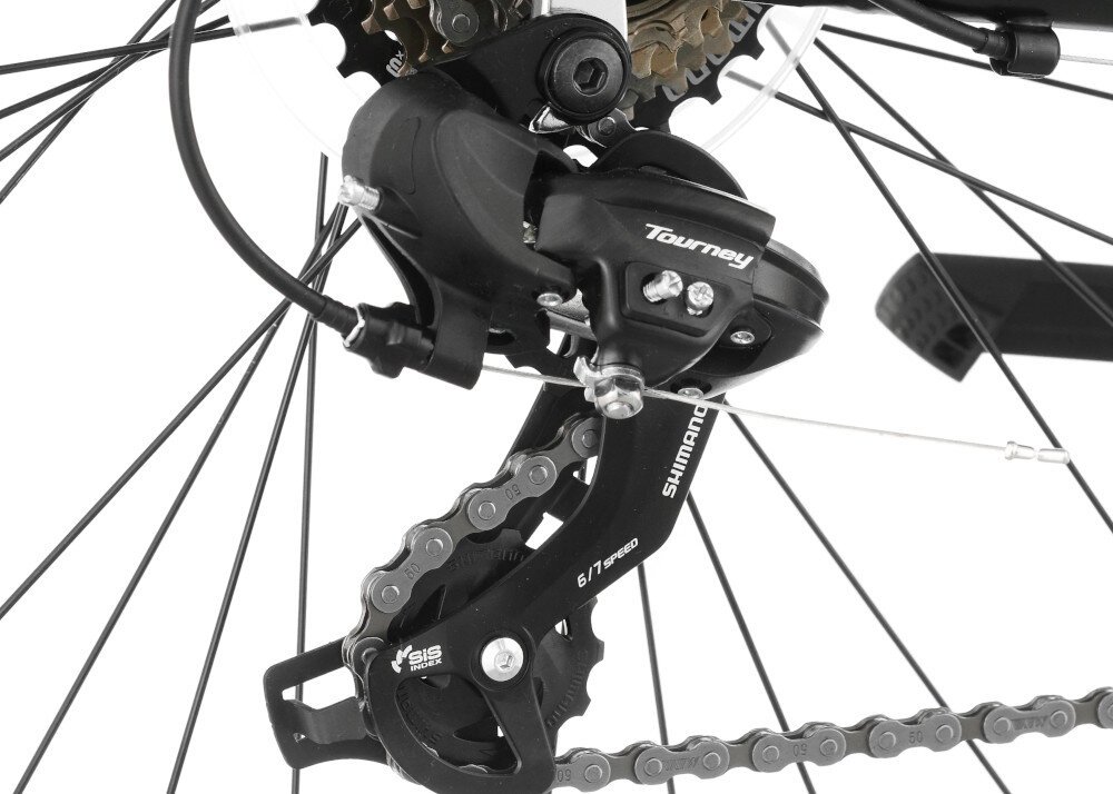 Rower trekkingowy INDIANA X-Road 1.0 D19 28 cali damski Czarno-zielony zbliżenie na przerzutkę przerzutki marki SHIMANO 21 biegów przednia i tylna przerzutka SHIMANO Tourney duża wytrzymałość i sprawne działanie płynna bezproblemowa zmiana biegów