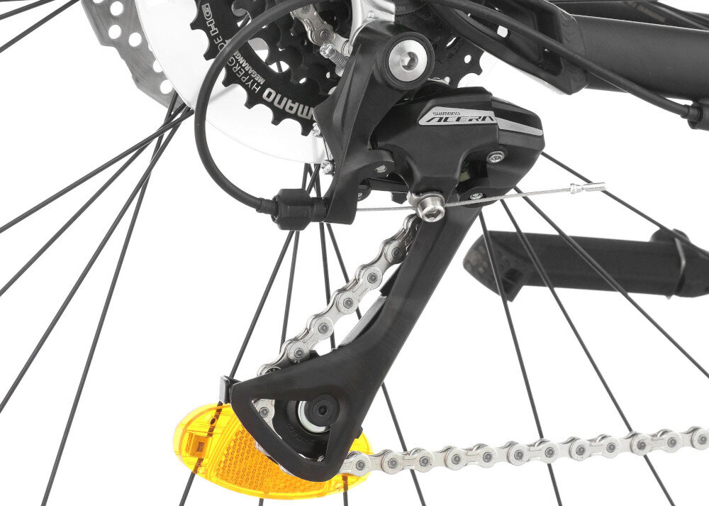 Rower trekkingowy INDIANA X-Road 4.0 M23 28 cali męski Czarno-srebrny zbliżenie na przerzutkę przerzutki marki SHIMANO 24 biegi  przednia przerzutka SHIMANO Tourney tylna przerzutka SHIMANO Acera duża wytrzymałość i sprawne działanie płynna bezproblemowa zmiana biegów