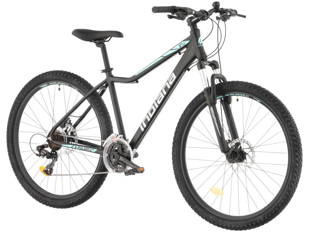 Rower górski MTB INDIANA X-Pulser 2.7 D15 27.5 cali damski Czarno-miętowy rower na białym tle widoczny od przodu po skosie góral pojazd dla sportowców do jazdy wyczynowej uniwersalny dla amatorów zwrotny łatwo wchodzi w zakręty do jazdy w mieście za miastem w lesie na górskim szlaku w błocie nie za głębokim piachu