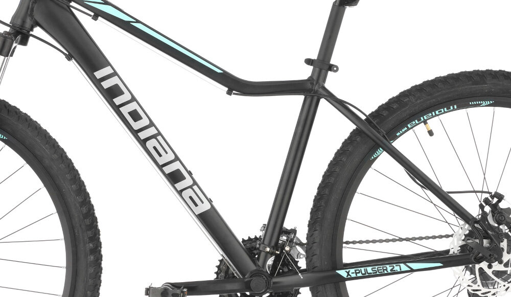 Rower górski MTB INDIANA X-Pulser 2.7 D15 27.5 cali damski Czarno-miętowy zbliżenie na ramę 15-calowa aluminiowa ramę rower zwinny lekki łatwo go podnieść odporność na korozję wybor rozmiaru ramy Twój wzrost mierzony w zrelaksowanej pozycji typ roweru dla osób o wzroście od 154 do 165 cm