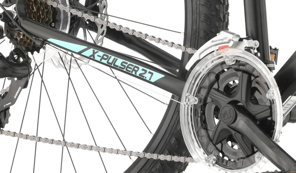 Rower górski MTB INDIANA X-Pulser 2.7 D15 27.5 cali damski Czarno-miętowy zbliżenie na korbę wolnobieg i łańcuch lekka wydajna konstrukcja korby korba X-LINE typu XLR8 42T/34/24x170 X-Line ED wolnobieg SHIMANO typu MF-TZ500 7 Speed solidność wytrzyma bardzo duży nacisk na pedały