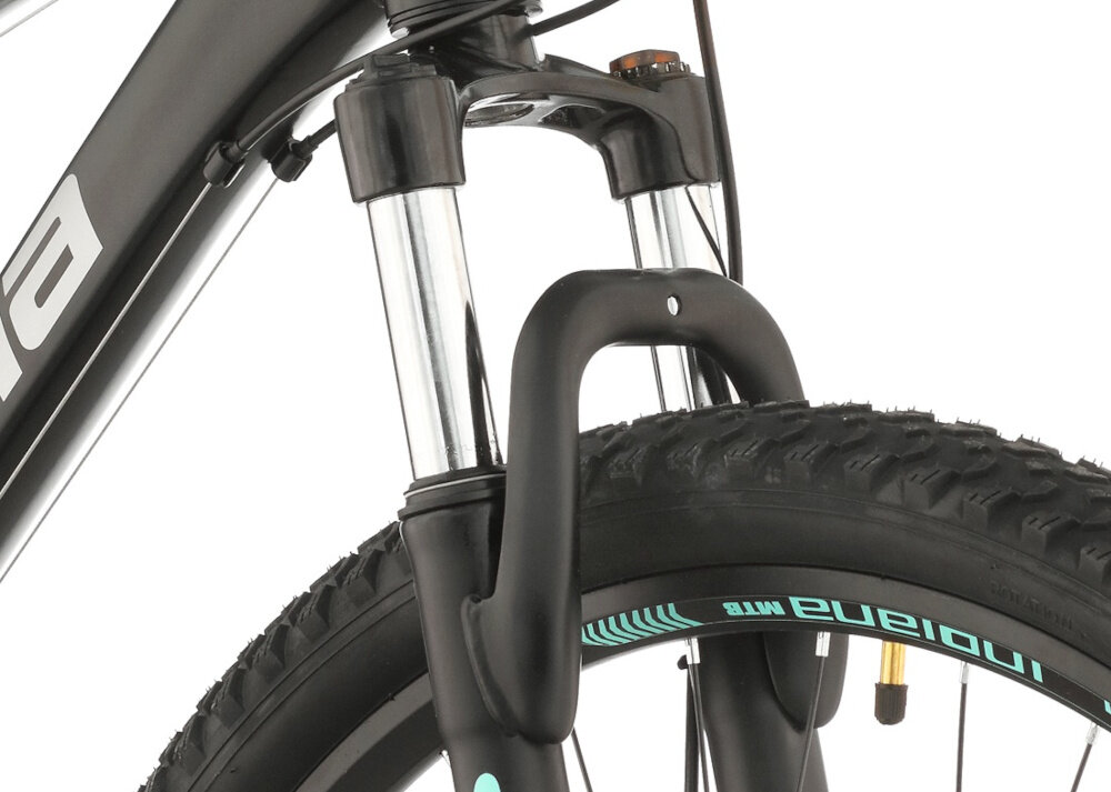 Rower górski MTB INDIANA X-Pulser 2.7 D15 27.5 cali damski Czarno-miętowy zbliżenie na amortyzator rower typu hardtail przedni amortyzator marki ZOOM typ 389-AMS ułatwia najeżdżanie na przeszkody niweluje wstrząsy niska masa roweru duża sztywność regulacja za pomocą sprężyny obsługa poprzez pokrętło na goleni