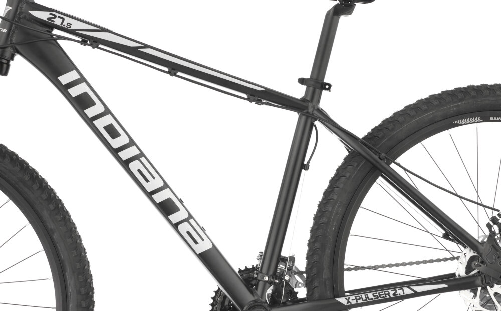 Rower górski MTB INDIANA X-Pulser 2.7 M21 27.5 cala męski Czarno-szary zbliżenie na ramę 21-calowa aluminiowa ramę rower zwinny lekki łatwo go podnieść odporność na korozję wybor rozmiaru ramy Twój wzrost mierzony w zrelaksowanej pozycji typ roweru dla osób o wzroście od 180 do 190 cm