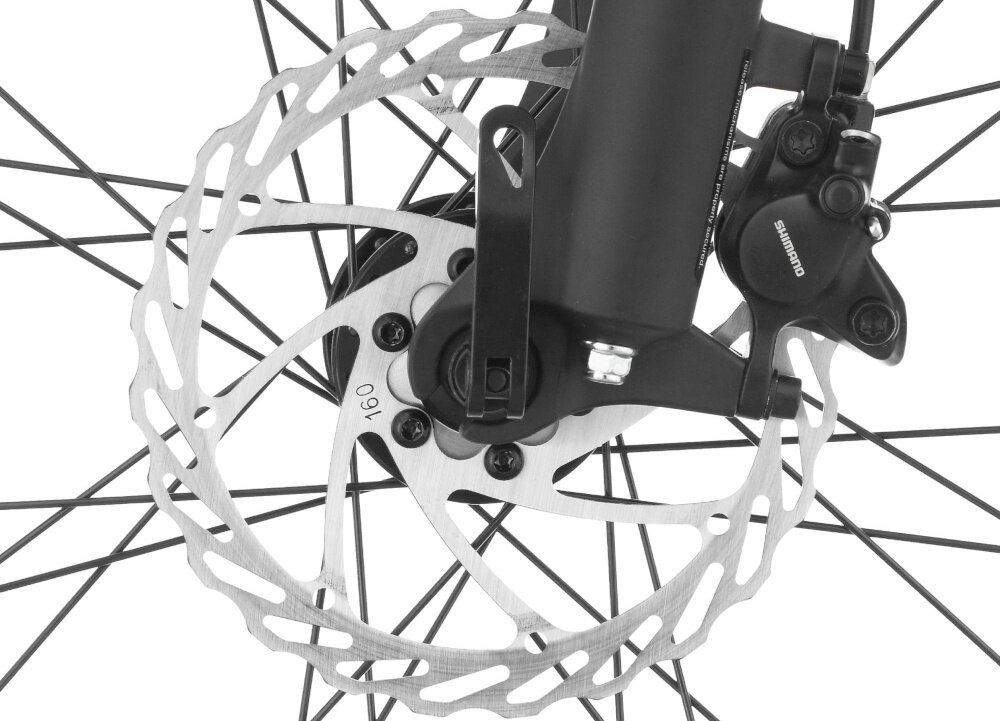 Rower górski MTB INDIANA X-Pulser 3.7 M17 27.5 cala męski Niebiesko-czarny zbliżenie na tylny hamulec podstawa bezpieczeństwa hamulce tarczowe hydrauliczne duża siła hamowania sprawdzają się w każdych warunkach pogodowych i na każdej trasie płyn hamulcowy hamulce z przodu i z tyłu podwójny pakiet bezpieczeństwa