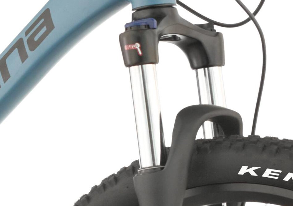 Rower górski MTB INDIANA X-Pulser 3.7 M17 27.5 cala męski Niebiesko-czarny zbliżenie na amortyzator rower typu hardtail przedni amortyzator marki SUNTOUR typu SF-20-XCM-PM-DS-HLO ułatwia najeżdżanie na przeszkody niweluje wstrząsy niska masa roweru duża sztywność regulacja za pomocą sprężyny obsługa poprzez pokrętło na goleni