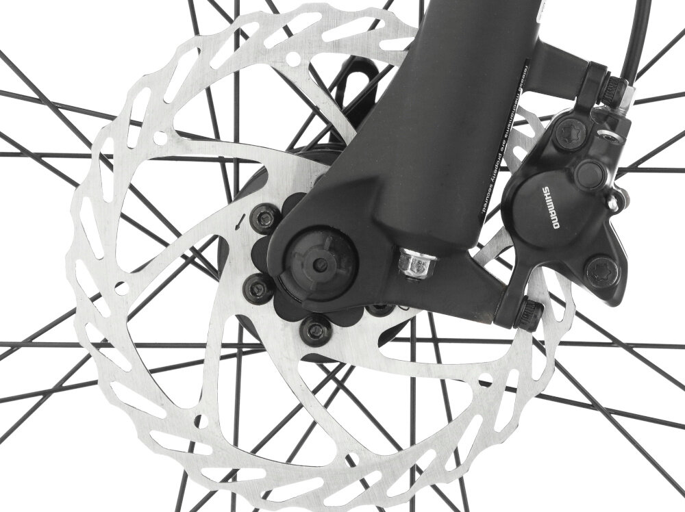 Rower górski MTB INDIANA X-Pulser 2.9 M19 29 cali męski Srebrno-grafitowy zbliżenie na tylny hamulec hamulce tarczowe hydrauliczne duża siła hamowania sprawdzają się w każdych warunkach pogodowych i na każdej trasie płyn hamulcowy hamulce z przodu i z tyłu podwójny pakiet bezpieczeństwa