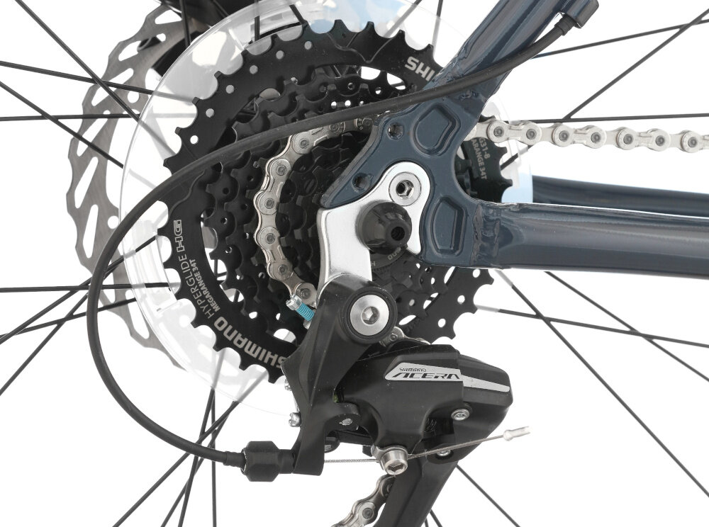 Rower górski MTB INDIANA X-Pulser 2.9 M19 29 cali męski Srebrno-grafitowy zbliżenie na tylną przerzutkę przerzutki marki SHIMANO przednia przerzutka SHIMANO Tourney tylna dziewięciorzędowa przerzutka SHIMANO Acera duża wytrzymałość sprawne działanie zmiana biegów jest płynna i bezproblemowa 24 biegi