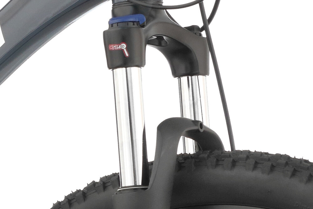 Rower górski MTB INDIANA X-Pulser 2.9 M19 29 cali męski Srebrno-grafitowy zbliżenie na amortyzator rower typu hardtail przedni amortyzator marki SUNTOUR typ SR-Suntour SF-16-XCT-PM-DS-HLO ułatwia najeżdżanie na przeszkody niweluje wstrząsy niska masa roweru duża sztywność regulacja za pomocą sprężyny obsługa poprzez manetki