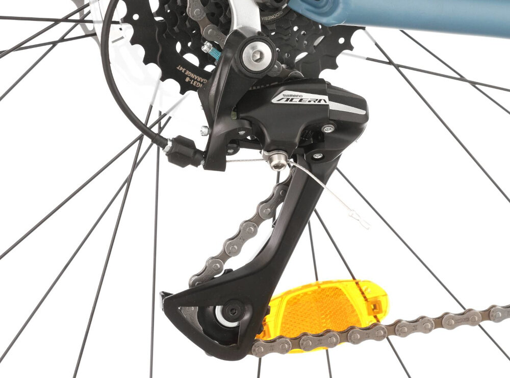 Rower górski MTB INDIANA X-Pulser 3.7 M21 27.5 cala męski Niebiesko-czarny zbliżenie na tylną przerzutkę przerzutki marki przerzutki marki SHIMANO 24 biegów przednia przerzutka SHIMANO Tourney tylna przerzutka SHIMANO Acera duża wytrzymałość sprawne działanie zmiana biegów jest płynna i bezproblemowa