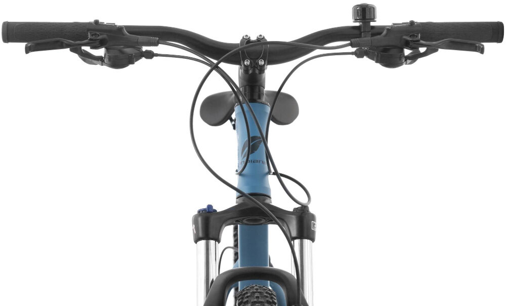 Rower górski MTB INDIANA X-Pulser 3.7 M21 27.5 cala męski Niebiesko-czarny zbliżenie na kierownicę kierownica widoczna od przodu kierownica marki SIXTY typu MHBA-6012-680x22.2x31.8 ED Mat aluminiowy wspornik MAGIX typu A6938-31.8 E:70 ED lekkość trwałość manetki pokryte antypoślizgowym materiałem pewny chwyt