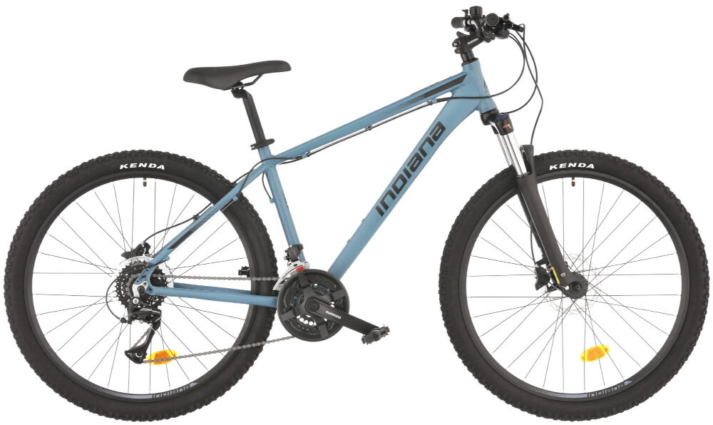 Rower górski MTB INDIANA X-Pulser 3.7 M21 27.5 cala męski Niebiesko-czarny rower na białym tle widoczny z boku specjalne gwinty możliwość przymocowania uchwytu na bidon odblaski dobrze widoczny na drodze bezpieczna jazda dzwonek na kierownicy