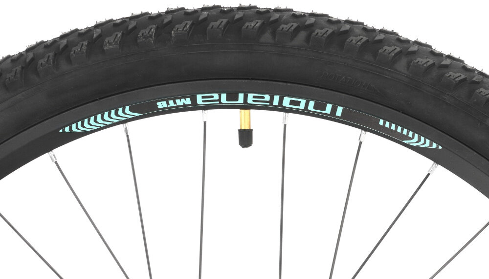 Rower górski MTB INDIANA X-Pulser 2.7 D19 27.5 cali damski Czarno-miętowy zbliżenie na oponę rozmiar koła 27,5 cali łatwe pokonywanie przeszkód duży kontakt koła z podłożem szerokie opony marki WANDA dobra przyczepność stożkowe obręcze marki RUNTOBIKE zachowanie regularnego kształtu kół stabilne trzymanie opony bezpieczna i komfortowa jazda regularne sprawdzanie ciśnienia powietrza wartość na bocznej części opony