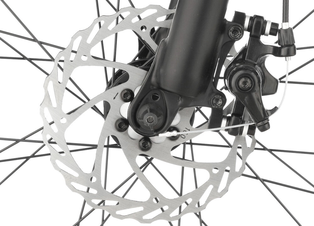 Rower górski MTB INDIANA X-Pulser 2.7 D19 27.5 cali damski Czarno-miętowy zbliżenie na tylny hamulec podstawa bezpieczeństwa hamulce tarczowe mechaniczne sprawdzą się w każdych warunkach pogodowych i na każdej trasie bardzo duża siła hamowania hamulce z przodu i z tyłu podwójny pakiet bezpieczeństwa