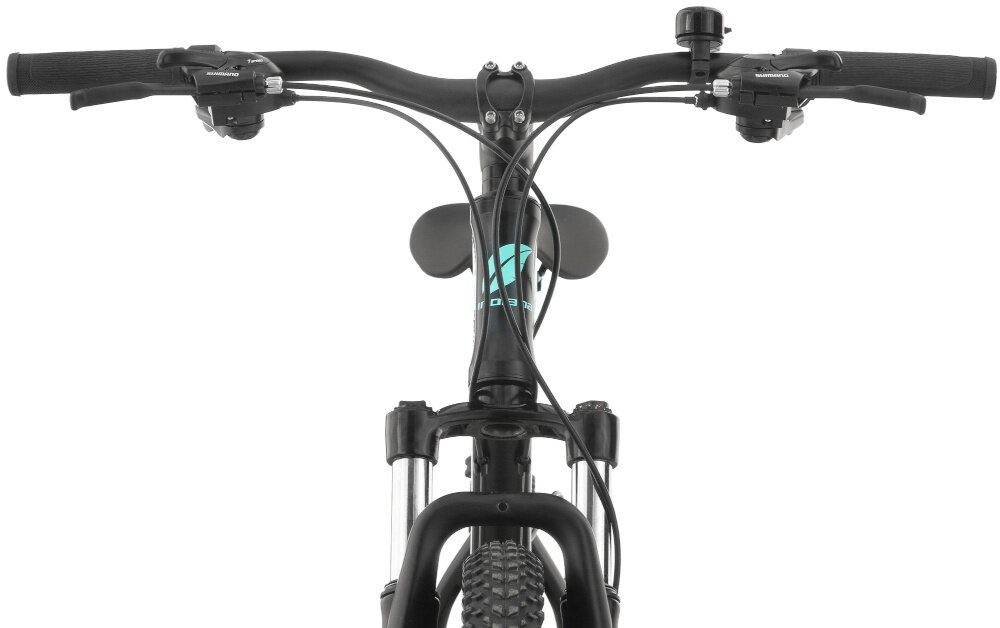 Rower górski MTB INDIANA X-Pulser 2.7 D19 27.5 cali damski Czarno-miętowy zbliżenie na kierownicę kierownica widoczna od przodu kierownica marki SIXTY typu MHBA-6012 aluminiowy wspornik MAYA typu A6938-31.8 E:70 ED lekkość trwałość manetki pokryte antypoślizgowym materiałem pewny chwyt