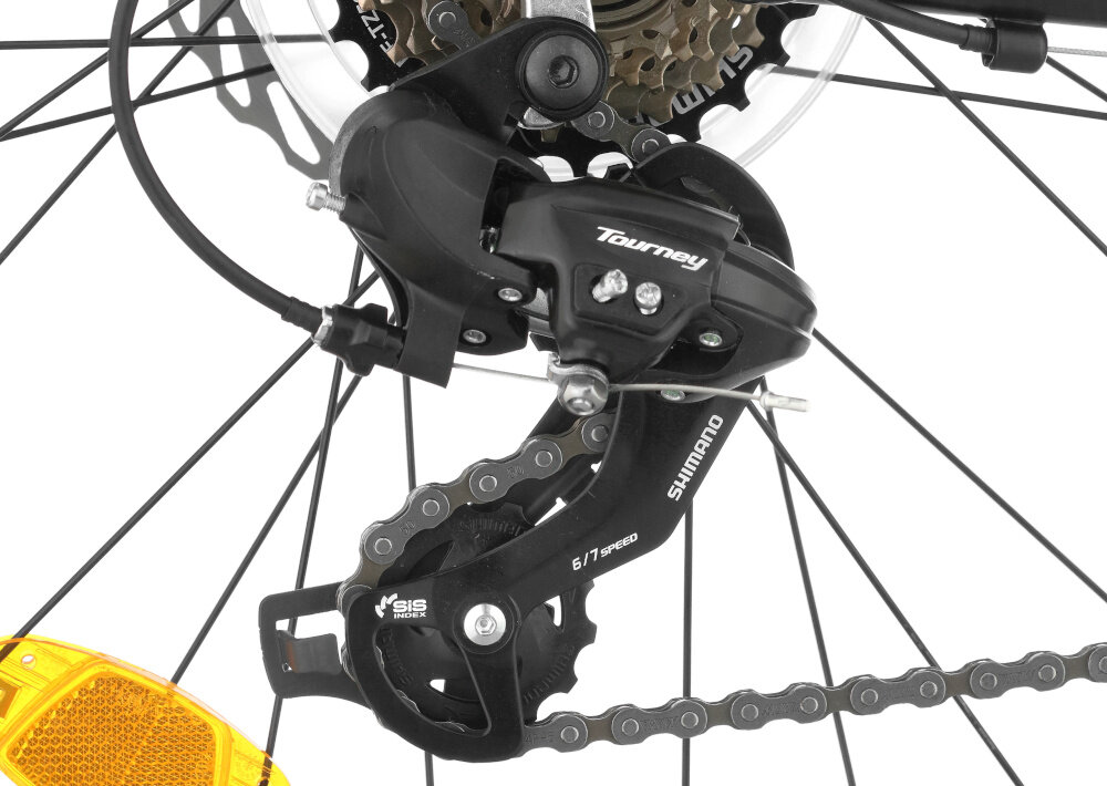 Rower górski MTB INDIANA X-Pulser 2.6 D17 26 cali damski Czarno-fioletowy zbliżenie na tylną przerzutkę przerzutki marki SHIMANO przednie i tylne przerzutki SHIMANO Tourney duża wytrzymałość sprawne działanie zmiana biegów jest płynna i bezproblemowa 21 biegów