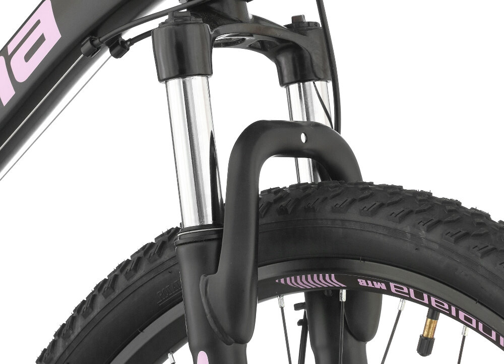 Rower górski MTB INDIANA X-Pulser 2.6 D17 26 cali damski Czarno-fioletowy zbliżenie na amortyzator rower typu hardtail przedni amortyzator marki ZOOM typ 389A(AMS)-26 0T/30 C3 ułatwia najeżdżanie na przeszkody niweluje wstrząsy niska masa roweru duża sztywność regulacja za pomocą sprężyny obsługa poprzez pokrętło na goleni