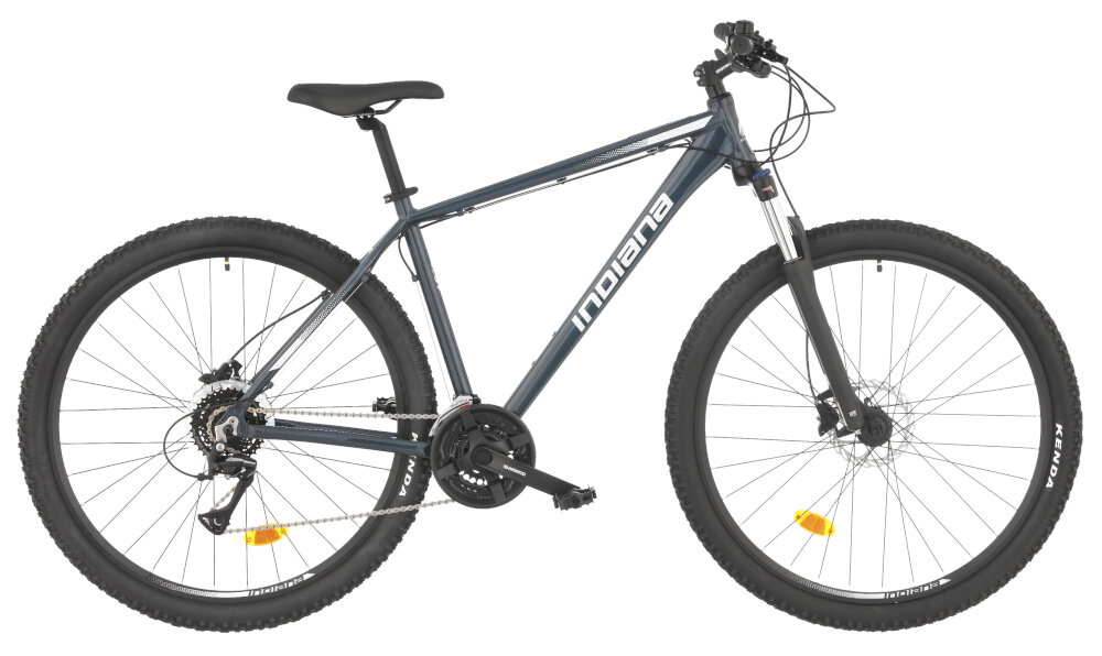 Rower górski MTB INDIANA X-Pulser 2.9 M21 29 cali męski Srebrno-grafitowy rower na białym tle widoczny z boku specjalne gwinty możliwość przymocowania uchwytu na bidon odblaski dobrze widoczny na drodze bezpieczna jazda dzwonek na kierownicy