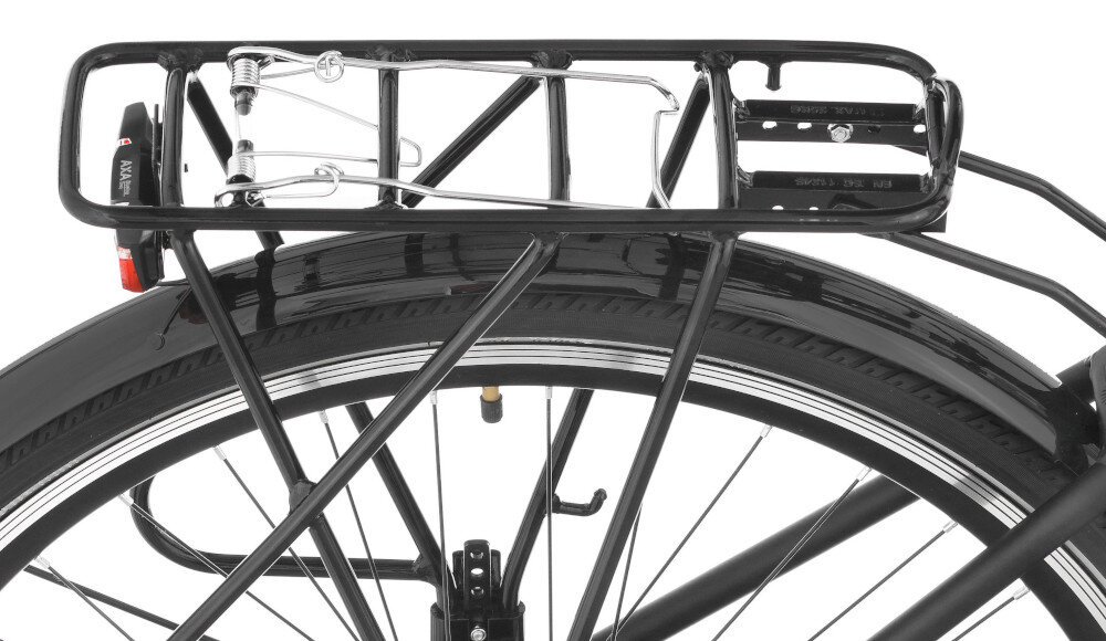 Rower trekkingowy INDIANA X-Road 4.0 M19 28 cali męski Czarno-srebrny zbliżenie na bagażnik bagażnik bezpieczny i wygodny przewożenie rzeczy składana stopka w centralnym punkcie ciężkości odblaski dobrze widoczny na drodze bezpieczna jazda