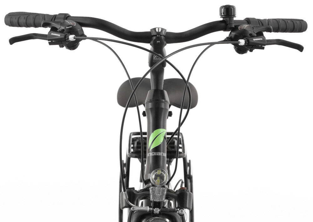 Rower trekkingowy INDIANA X-Road 1.0 D17 28 cali damski Czarno-zielony kierownica widoczna od przodu kierownica SIXTY typu NR-16 610 mm lekkość antypoślizgowy materiał dzwonek