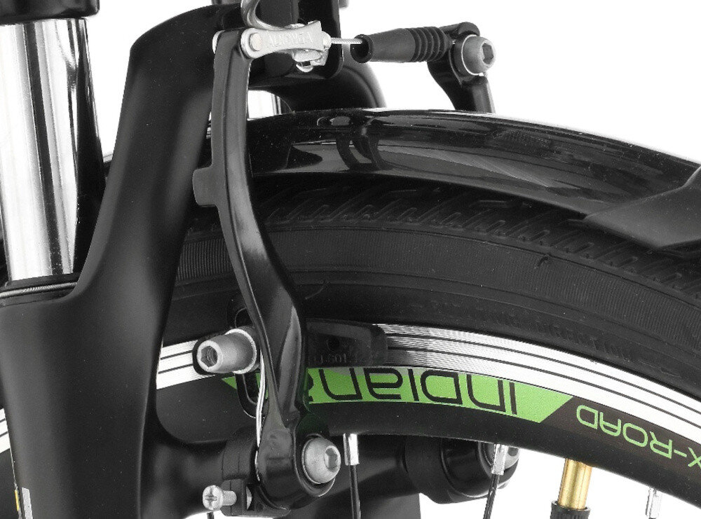 Rower trekkingowy INDIANA X-Road 1.0 D17 28 cali damski Czarno-zielony zbliżenie na przedni hamulec podstawa bezpieczeństwa hamulce V-Brake lekkie duża siła hamowania hamulce z przodu z tyłu podwójny pakiet bezpieczeństwa