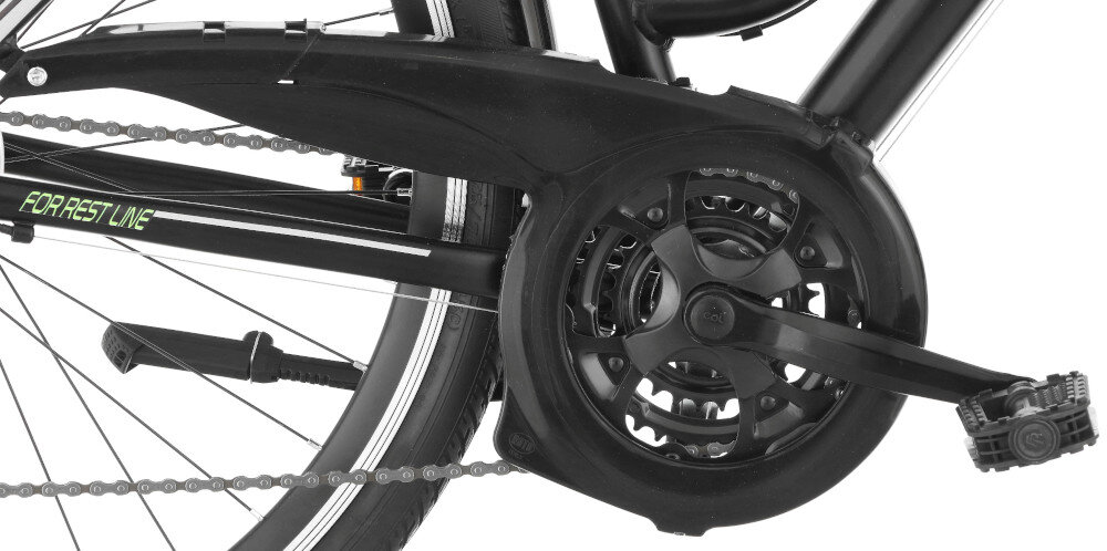 Rower trekkingowy INDIANA X-Road 1.0 D17 28 cali damski Czarno-zielony zbliżenie na osłonę łańcucha lekka wydajna konstrukcja korby CYCLONE typu CTL-3 328P8S4 170 mm wolnobieg SHIMANO typu MF-TZ500 wytrzyma bardzo duży nacisk na pedały osłona łańcucha ochrona przed brudem długa żywotność