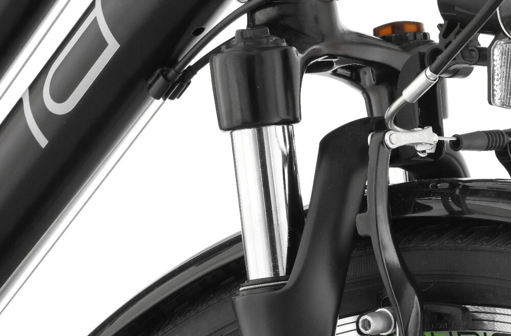 Rower trekkingowy INDIANA X-Road 1.0 D17 28 cali damski Czarno-zielony zbliżenie na amortyzator rower typu hardtail przedni amortyzator marki ZOOM typ 730P(AMS)-28 35T/30 ułatwia najeżdżanie na przeszkody niweluje wstrząsy na kierownicy niska masa roweru duża sztywność regulacja za pomocą pokrętła na goleni