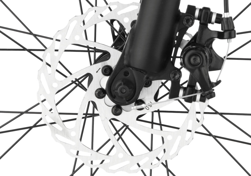 Rower górski MTB INDIANA X-Pulser 2.7 M17 27.5 cala męski Czarno-szary zbliżenie na tylny hamulec podstawa bezpieczeństwa hamulce tarczowe mechaniczne sprawdzą się w każdych warunkach pogodowych i na każdej trasie bardzo duża siła hamowania hamulce z przodu i z tyłu podwójny pakiet bezpieczeństwa