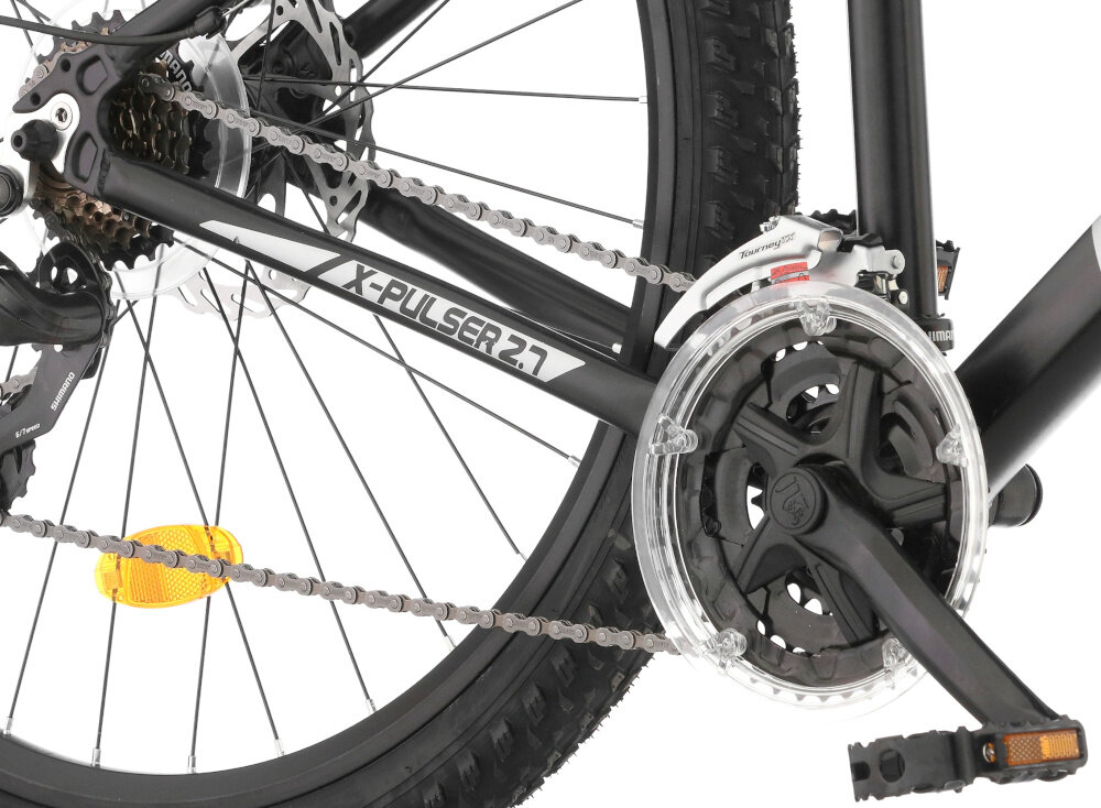 Rower górski MTB INDIANA X-Pulser 2.7 M17 27.5 cala męski Czarno-szary zbliżenie na korbę wolnobieg i łańcuch lekka wydajna konstrukcja korby korba X-LINE typu XLR8 42T/34/24x170 X-Line ED wolnobieg SHIMANO typu MF-TZ500-7S solidność wytrzyma bardzo duży nacisk na pedały