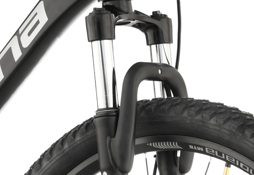 Rower górski MTB INDIANA X-Pulser 2.7 M17 27.5 cala męski Czarno-szary zbliżenie na amortyzator rower typu hardtail przedni amortyzator marki ZOOM typ 389A(AMS)-26 0T/30 C3 ułatwia najeżdżanie na przeszkody niweluje wstrząsy niska masa roweru duża sztywność regulacja za pomocą sprężyny obsługa poprzez pokrętło na goleni