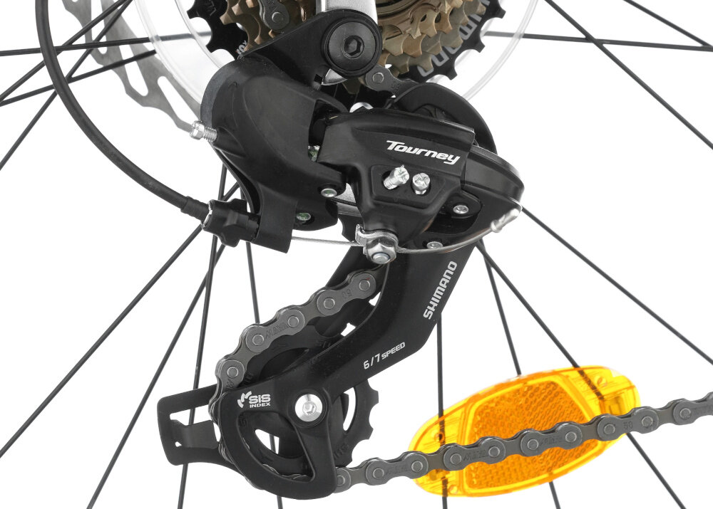 Rower górski MTB INDIANA X-Pulser 2.6 D17 26 cali damski Czarno-pomarańczowy zbliżenie na tylną przerzutkę przerzutki marki SHIMANO przednie i tylne przerzutki SHIMANO Tourney duża wytrzymałość sprawne działanie zmiana biegów jest płynna i bezproblemowa 21 biegów