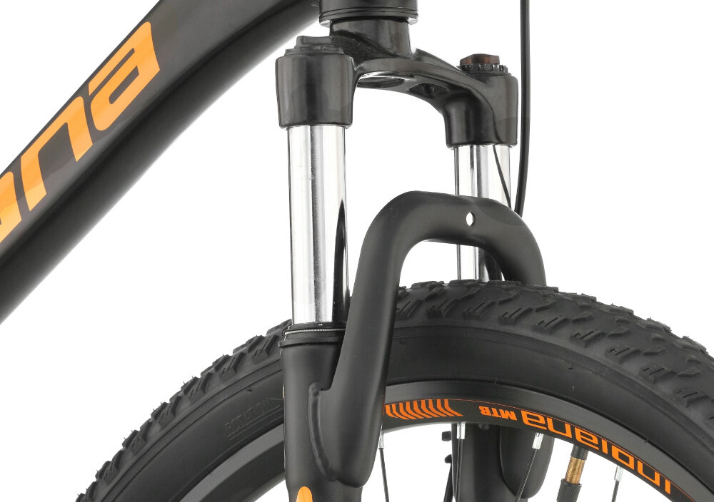 Rower górski MTB INDIANA X-Pulser 2.6 D17 26 cali damski Czarno-pomarańczowy zbliżenie na amortyzator rower typu hardtail przedni amortyzator marki ZOOM typ 389A(AMS)-26 0T/30 C3 ułatwia najeżdżanie na przeszkody niweluje wstrząsy niska masa roweru duża sztywność regulacja za pomocą sprężyny obsługa poprzez pokrętło na goleni