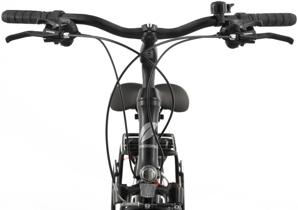 Rower trekkingowy INDIANA X-Road 1.0 D19 28 cali damski Czarno-fioletowy kierownica widoczna od przodu kierownica SIXTY typu NR-16 610 mm lekkość antypoślizgowy materiał dzwonek