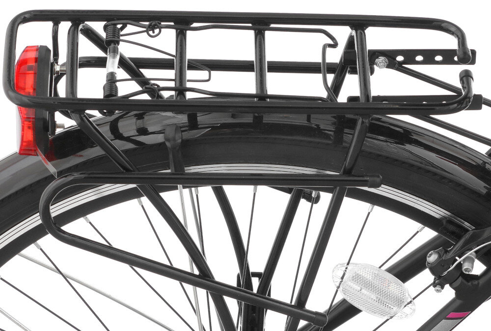 Rower trekkingowy INDIANA X-Road 1.0 D19 28 cali damski Czarno-fioletowy zbliżenie na bagażnik bagażnik bezpieczny i wygodny przewożenie rzeczy składana stopka w centralnym punkcie ciężkości odblaski dobrze widoczny na drodze bezpieczna jazda