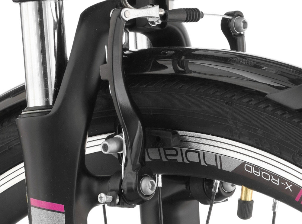 Rower trekkingowy INDIANA X-Road 1.0 D19 28 cali damski Czarno-fioletowy zbliżenie na przedni hamulec podstawa bezpieczeństwa hamulce V-Brake lekkie duża siła hamowania hamulce z przodu z tyłu podwójny pakiet bezpieczeństwa