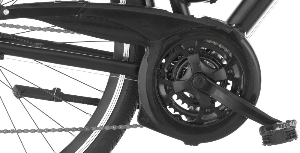 Rower trekkingowy INDIANA X-Road 1.0 D19 28 cali damski Czarno-fioletowy zbliżenie na osłonę łańcucha lekka wydajna konstrukcja korby CYCLONE typu CTL-3 328P8S4 170 mm wolnobieg SHIMANO typu MF-TZ500 wytrzyma bardzo duży nacisk na pedały osłona łańcucha ochrona przed brudem długa żywotność