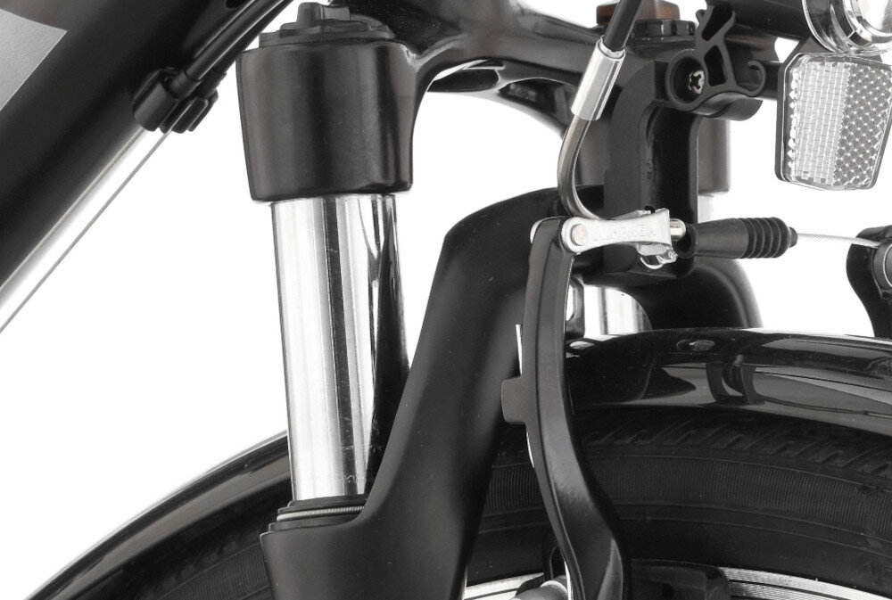 Rower trekkingowy INDIANA X-Road 1.0 D19 28 cali damski Czarno-fioletowy zbliżenie na amortyzator rower typu hardtail przedni amortyzator marki ZOOM typ 730P(AMS)-28 35T/30 ułatwia najeżdżanie na przeszkody niweluje wstrząsy na kierownicy niska masa roweru duża sztywność regulacja za pomocą pokrętła na goleni